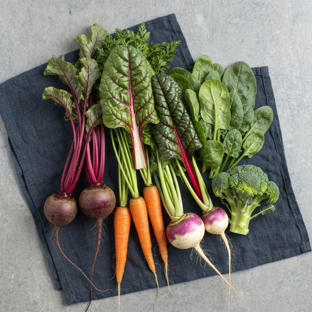 Fresh root vegetables and leafy greens including beets, carrots and Swiss chard on dark linen