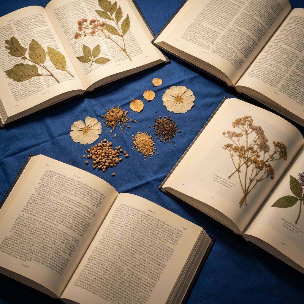 Open scientific books and research journals with dried botanical specimens on a deep blue cloth